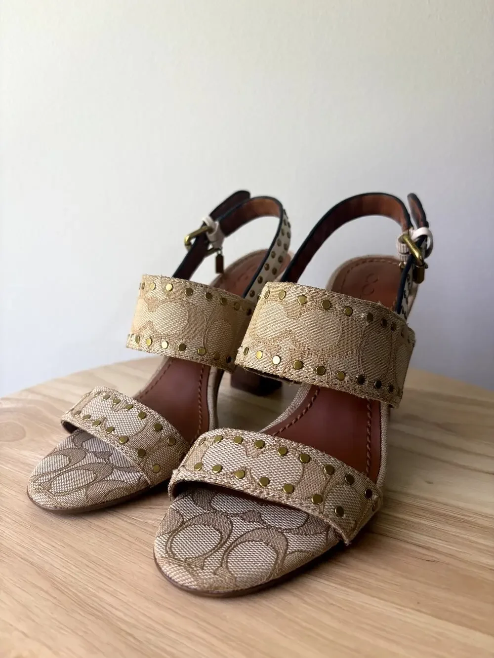 Coach Rylie Ivory Signature Jacquard Studded Heeled Slingback Sandal 6B